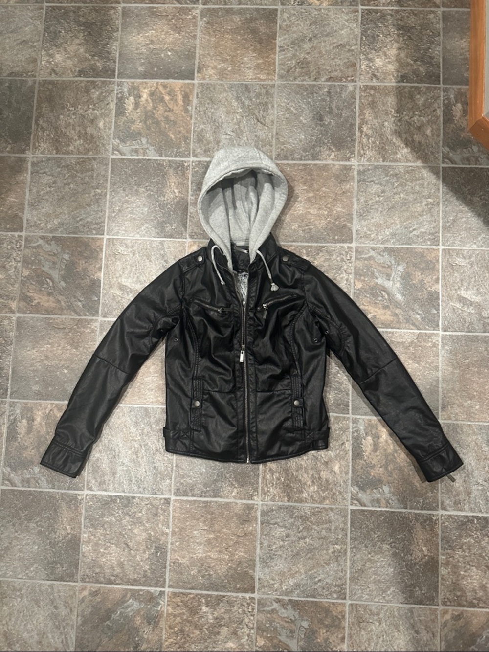 Women’s Black Faux Leather Jacket with Gray Hooded Insert
